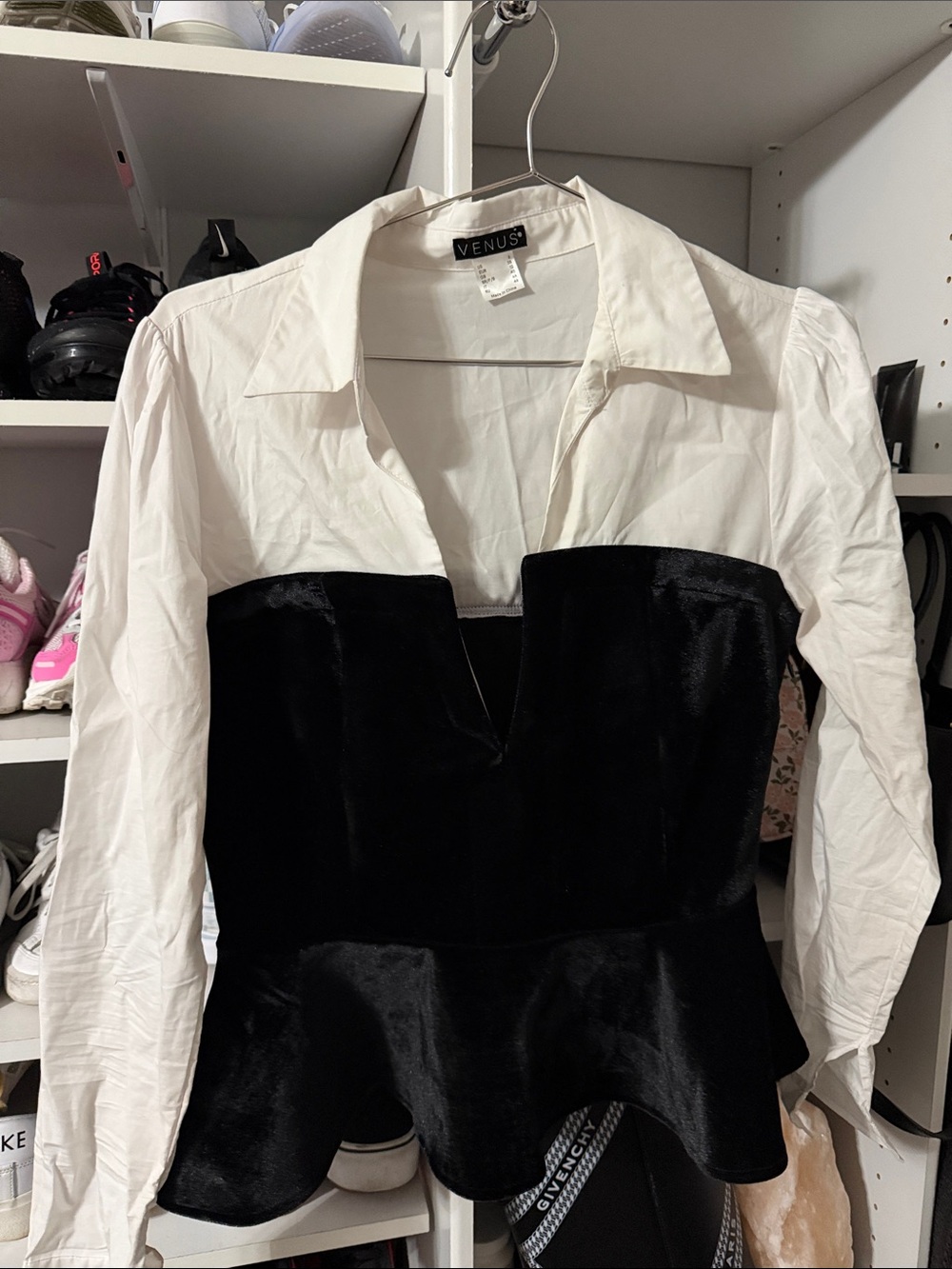 VENUS Black and White Two-Piece Illusion Peplum Top